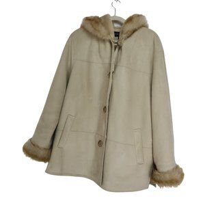 Portrait Faux Suede Hooded Cuffs Sherpa Coat Women's Size L Long Sleeves Cream